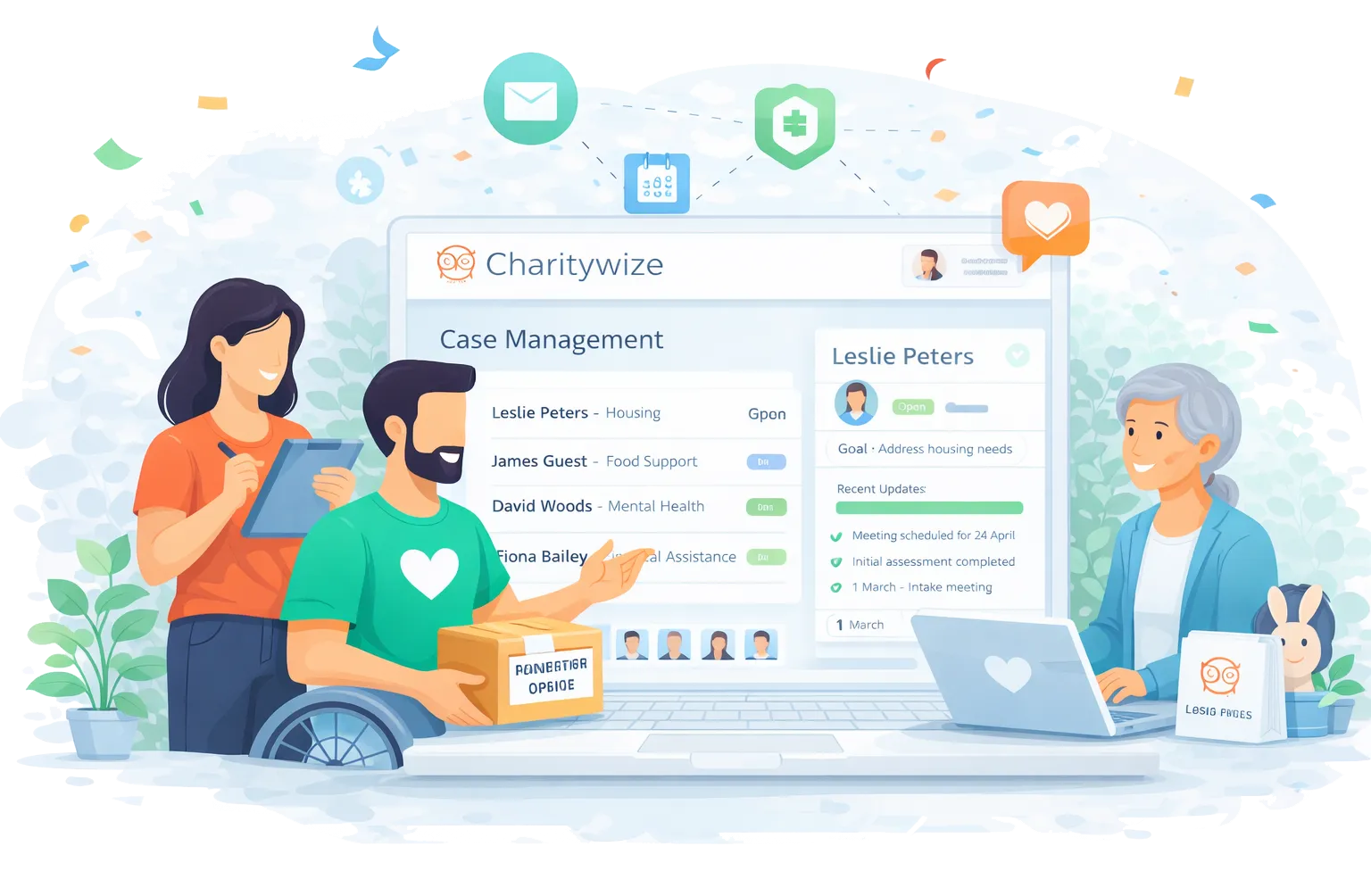 Charity case management system showing referrals and support activity tracking