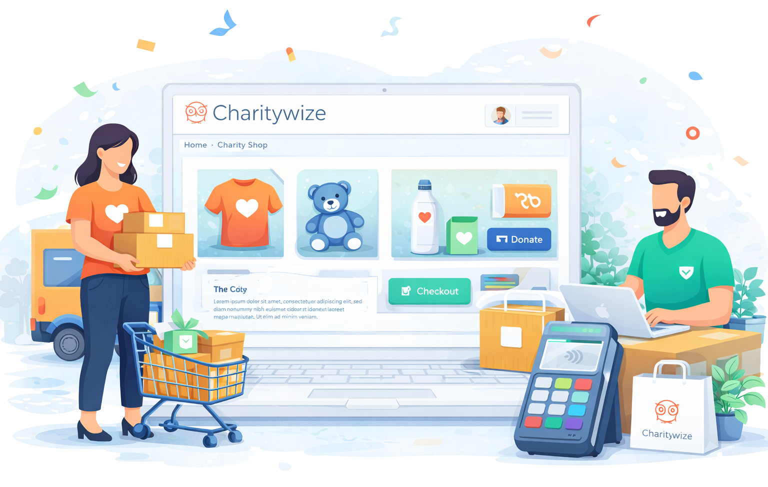 Charity online shop with products, basket and checkout process