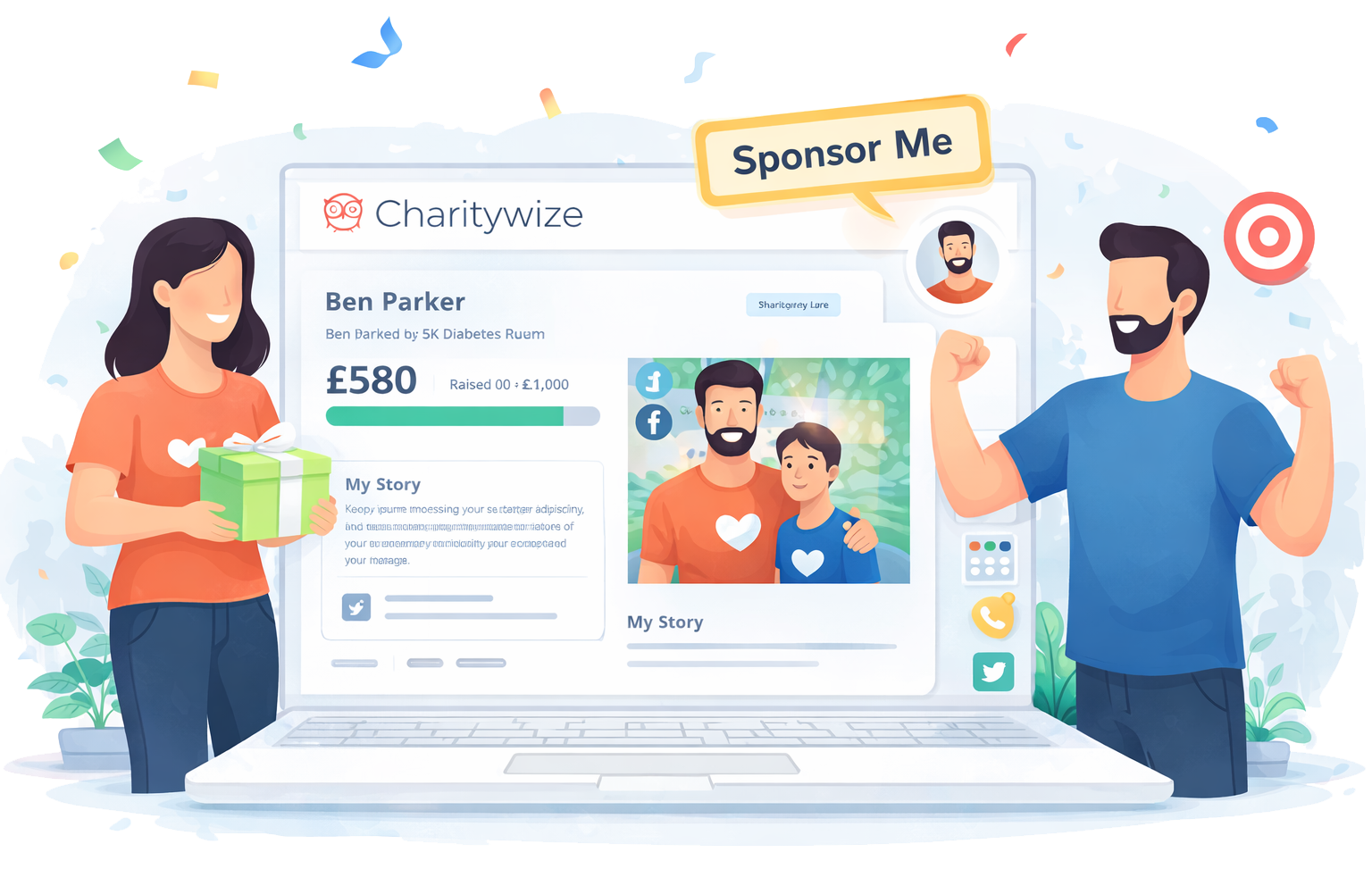 Charity fundraising page with progress bar, donations and supporter activity